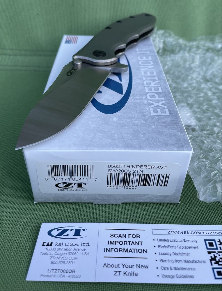 Zero Tolerance ZT 0562Ti Slicer Titanium Hinderer CPM-20CV, Оригинал