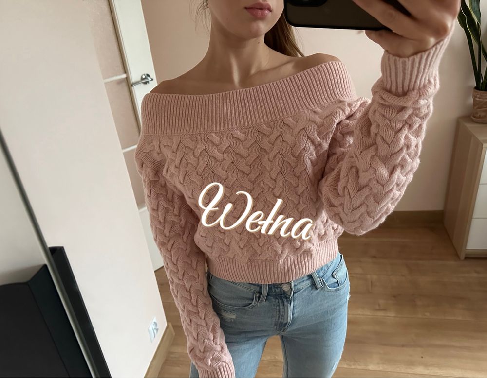 Off shoulder z wełną sweter z odkrytymi ramionami