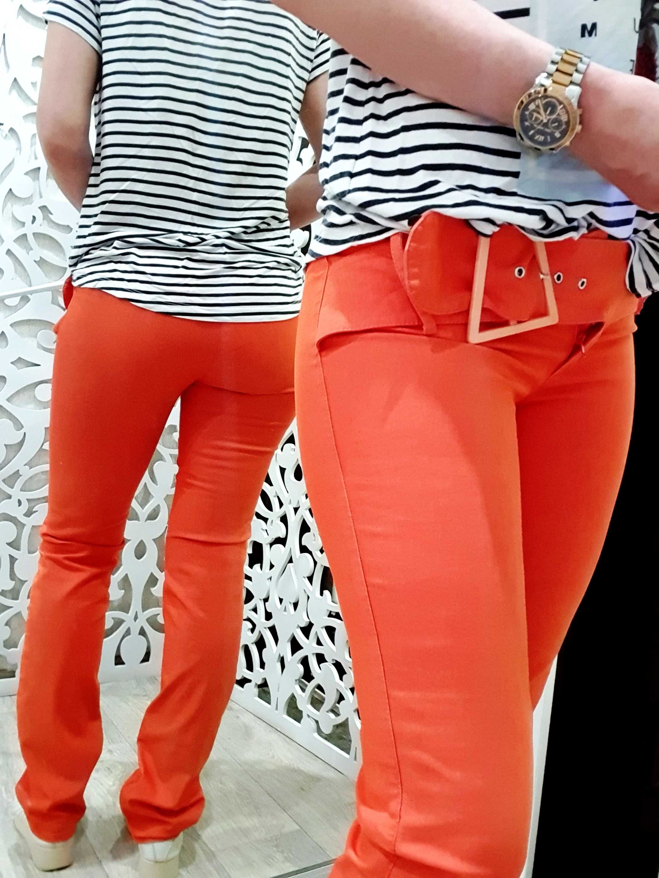 Брюки S женские яркие оранжевые аппликация бабочка Италия летние