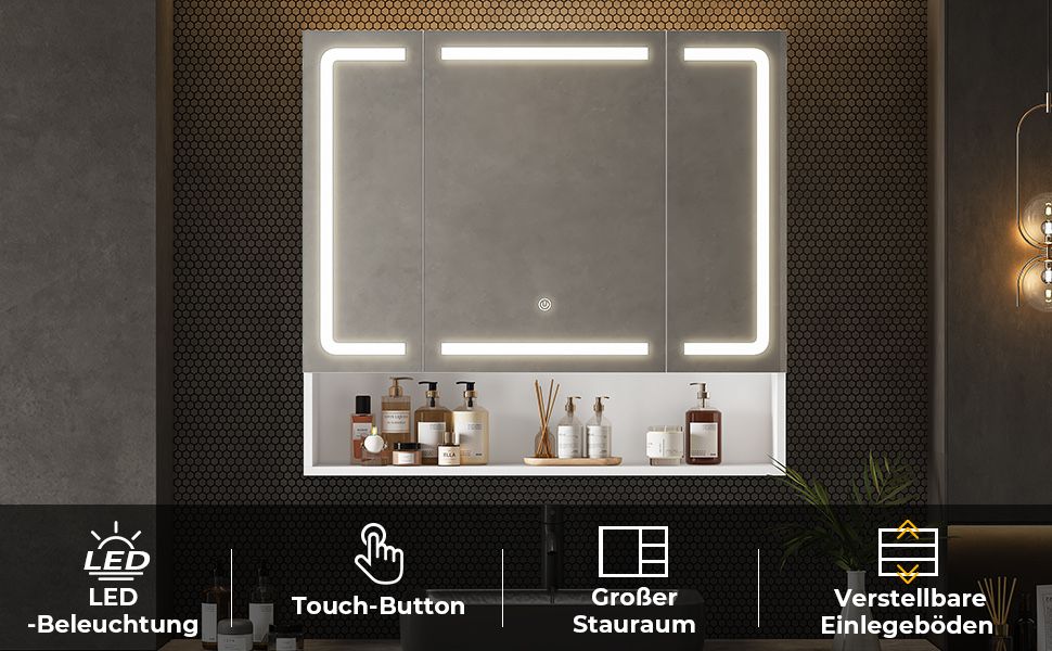 Szafka łazienkowa z lustrem i oświetleniem LED oraz gniazdkami