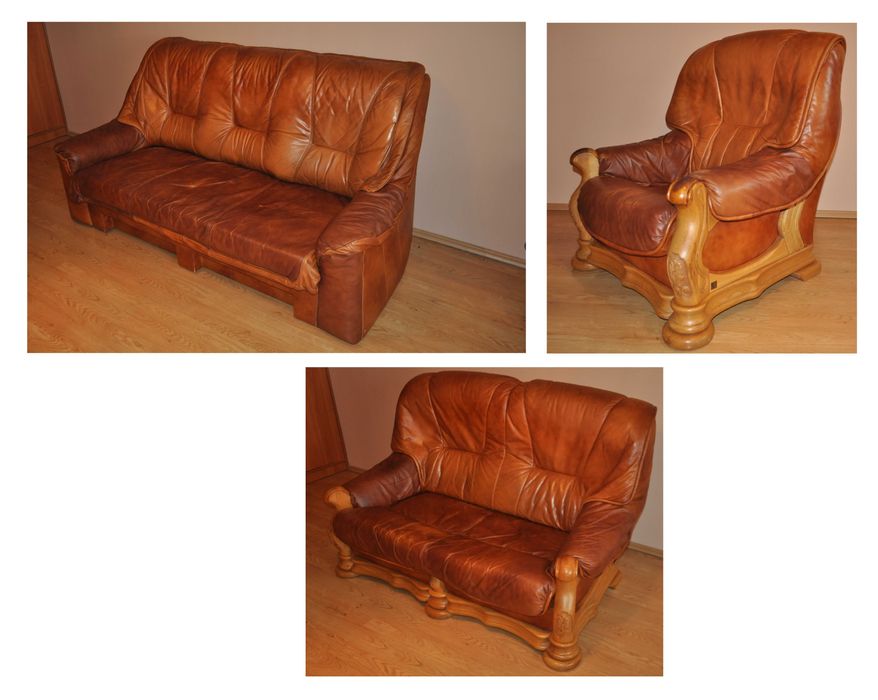 KOMPLET KLER (3+2+1) skóra nat. rzeźbiony dąb!