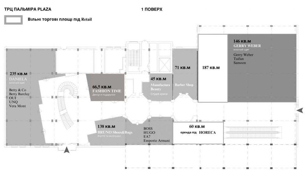 Оренда приміщень у ТРЦ "Пальміра Plaza" від 33 до 504 кв.м.