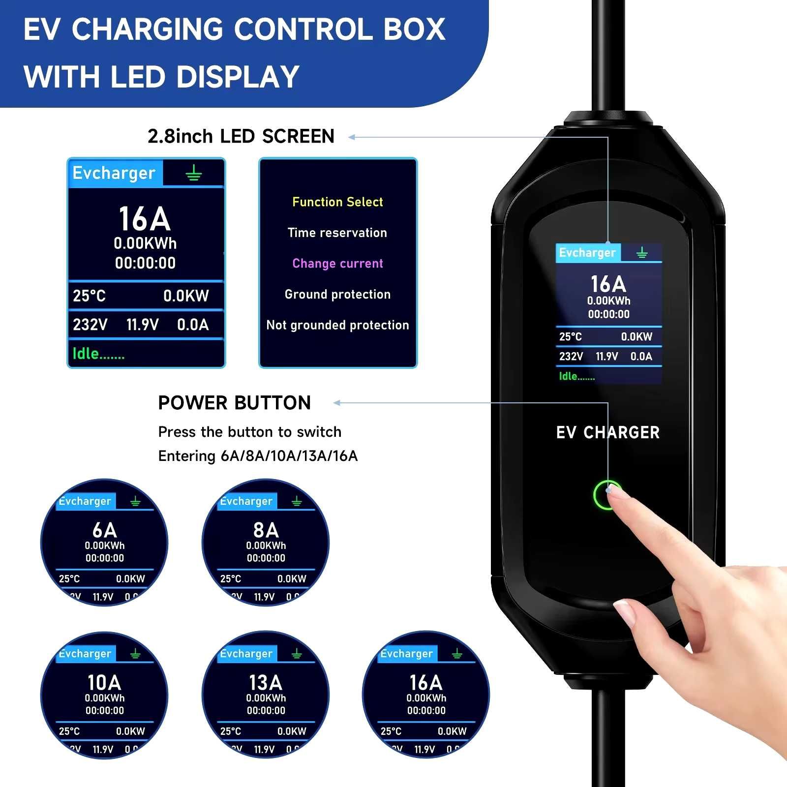 Carregador Portátil de Veículo Elétrico de 8 a 16A com APP+Wifi
