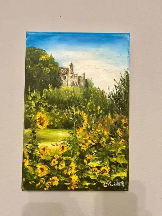 Cudny Obraz 20x30 Szpachla - słoneczniki u stóp zamku