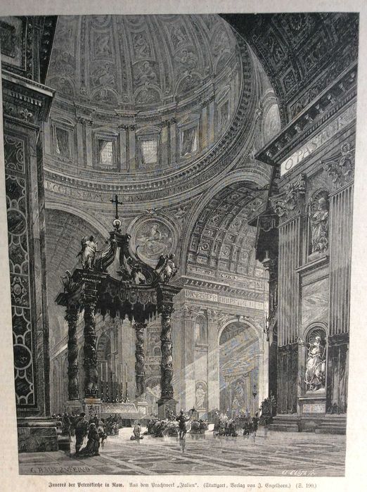 Interior da Basílica de S. Pedro em Roma. Litogr. alemã do século XIX