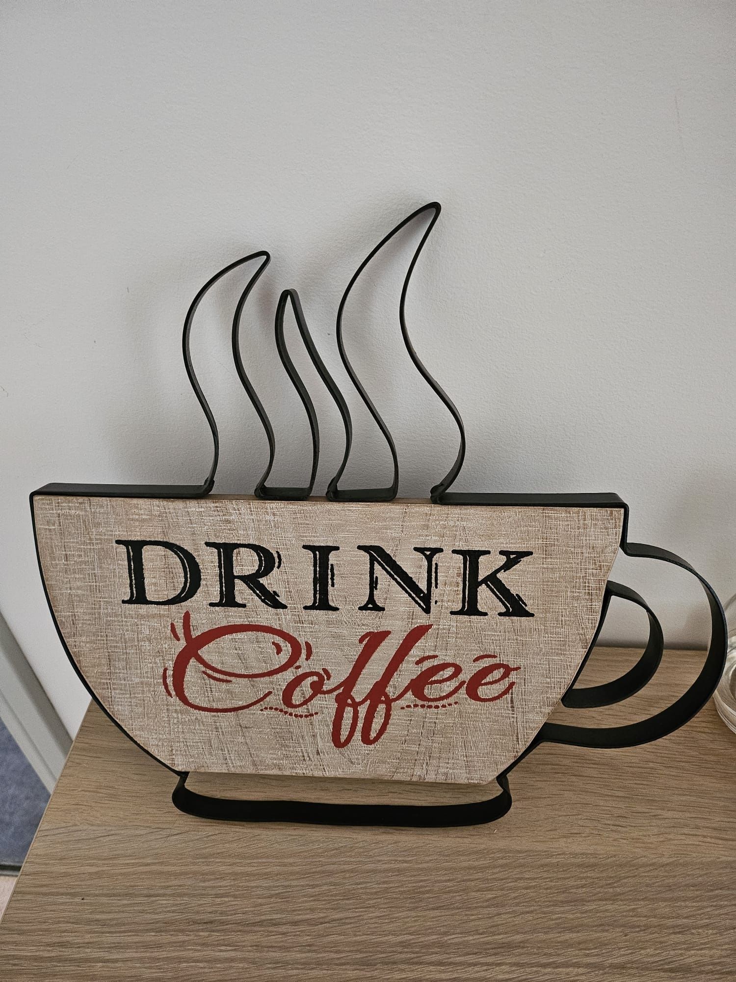 Placa madeira e metal decorativa Drink coffeee