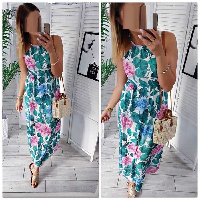 Zwiewna Sukienka Maxi Peonie Plecy Uni
