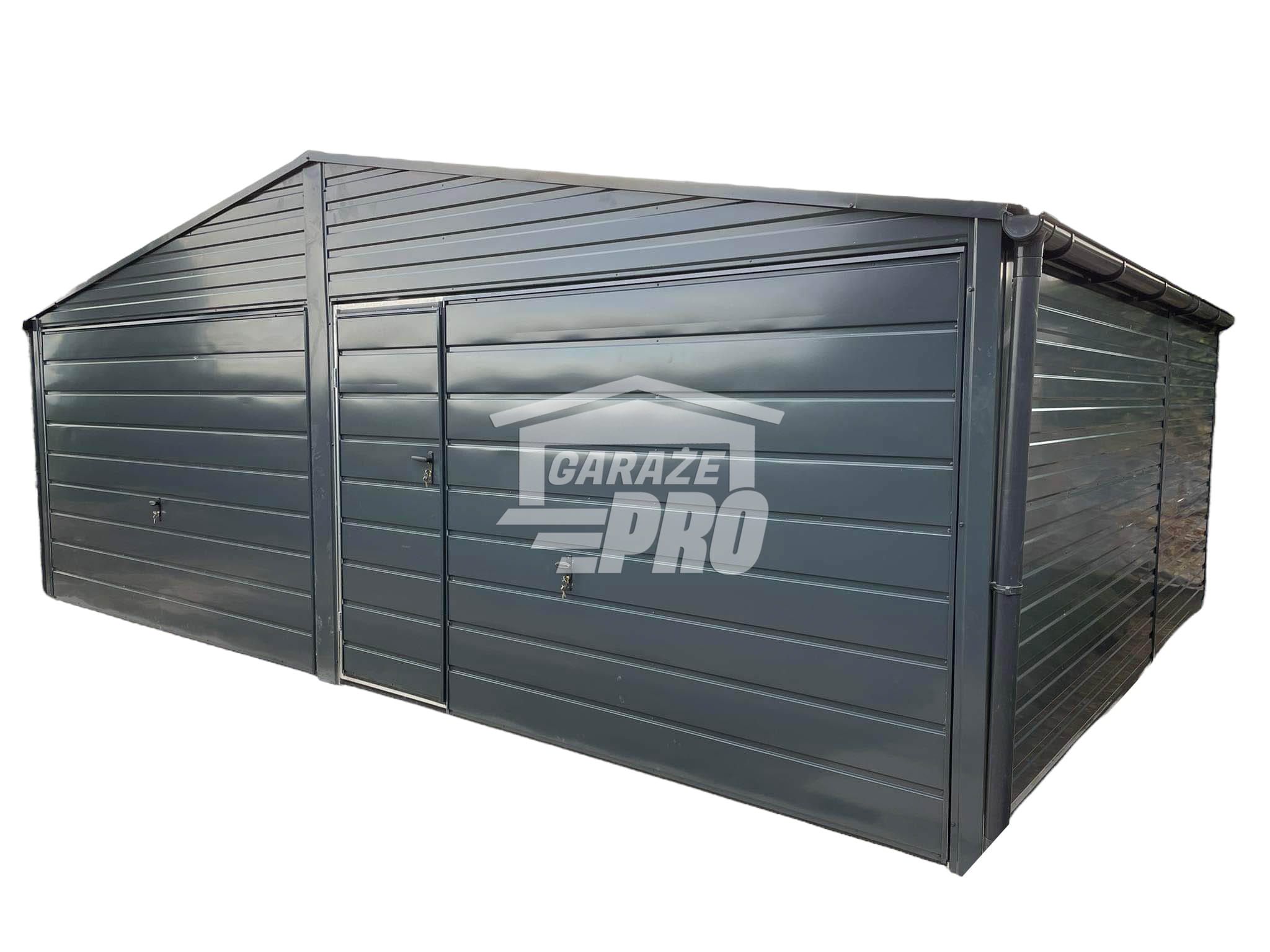 Garaż blaszany 6x5 2x Brama + drzwi - rynny -  Antracyt GP242