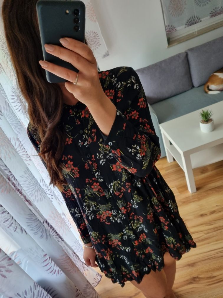 Czarna luźna sukienka w kwiaty z kołnierzykiem ZARA r. M/L