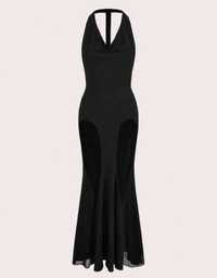 Czarna sukienka bez pleców maxi długa siateczka