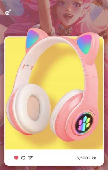 Słuchawki Dla Dzieci BLUETOOTH LED RGB Kocie Uszy