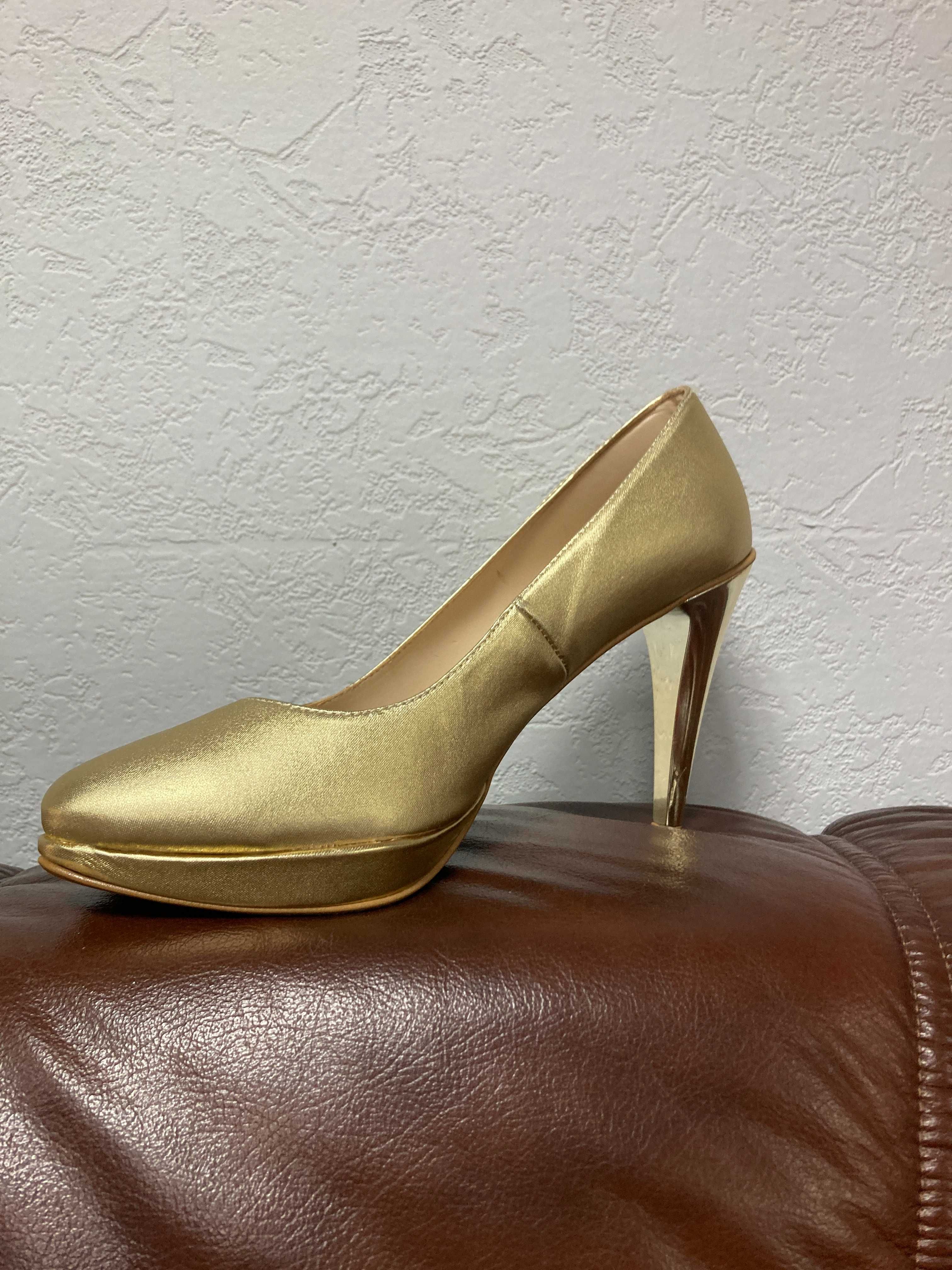 Nowe buty, czółenka złote, obcas lustro, r. 40, wys. 10 cm, wyprzedaż