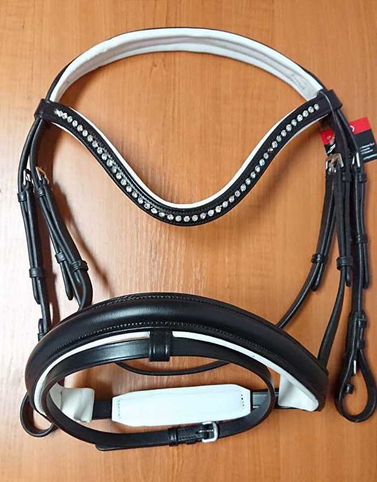 NOWE top ogłowie Gloria czarne z białym, z wodzami, rozm full OD RĘKI!