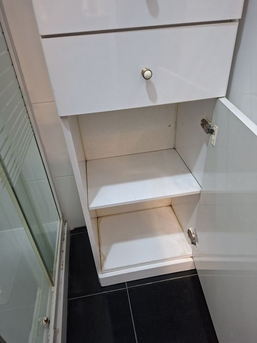 Armário de madeira, branco, com 2 portas e 2 gavetas para casa banho