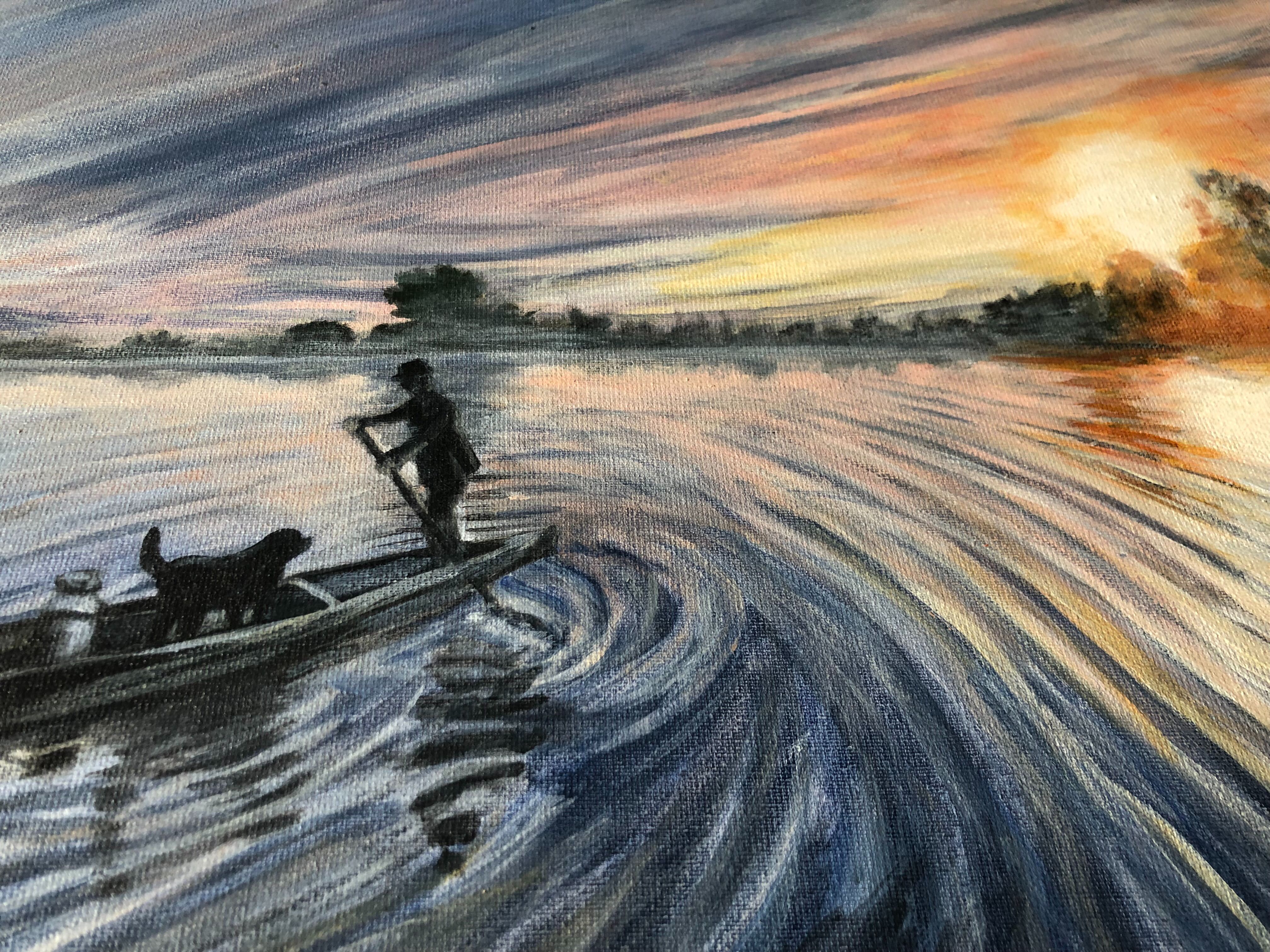 Obraz ręcznie malowany na płótnie rzeka, łódź,  na święta na prezent
