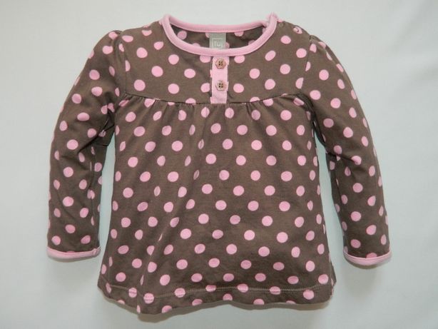 TU Bluzeczka tunika rozkloszowana brązowa w kropki różowe 12-18m 80-86