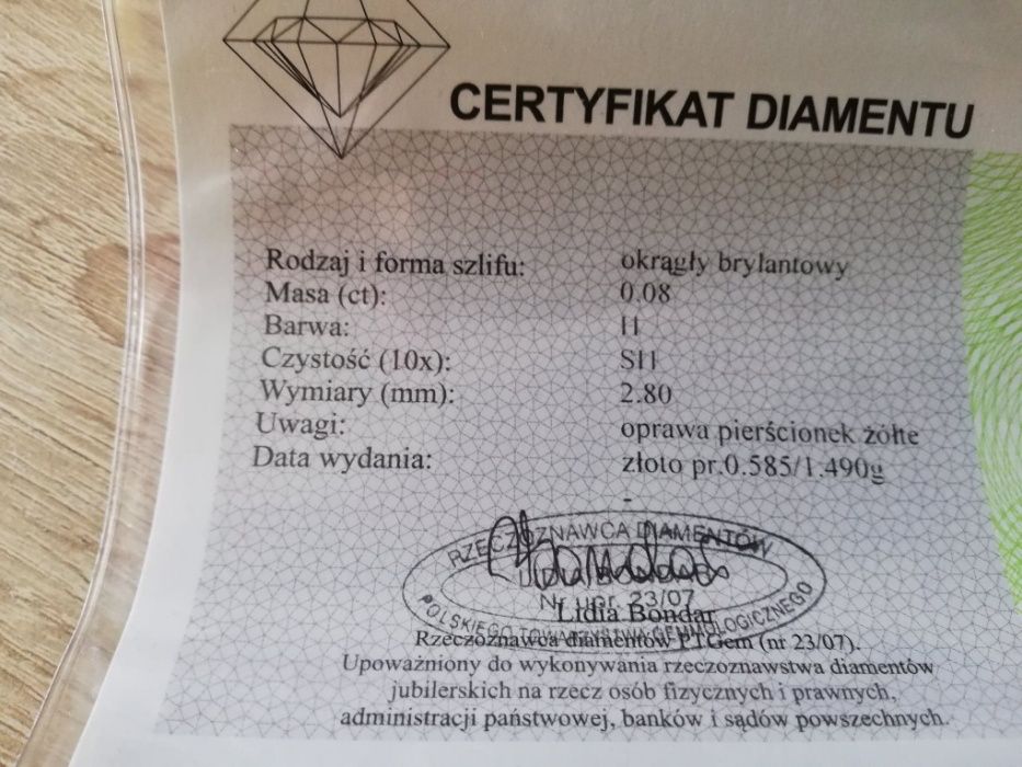 Złoty Pierścionek z Diamentem APART pr 585, roz14. Certyfikat.