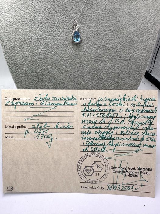 Złoty naszyjnik z topazem 1,15ct i diamentami 0,07ct