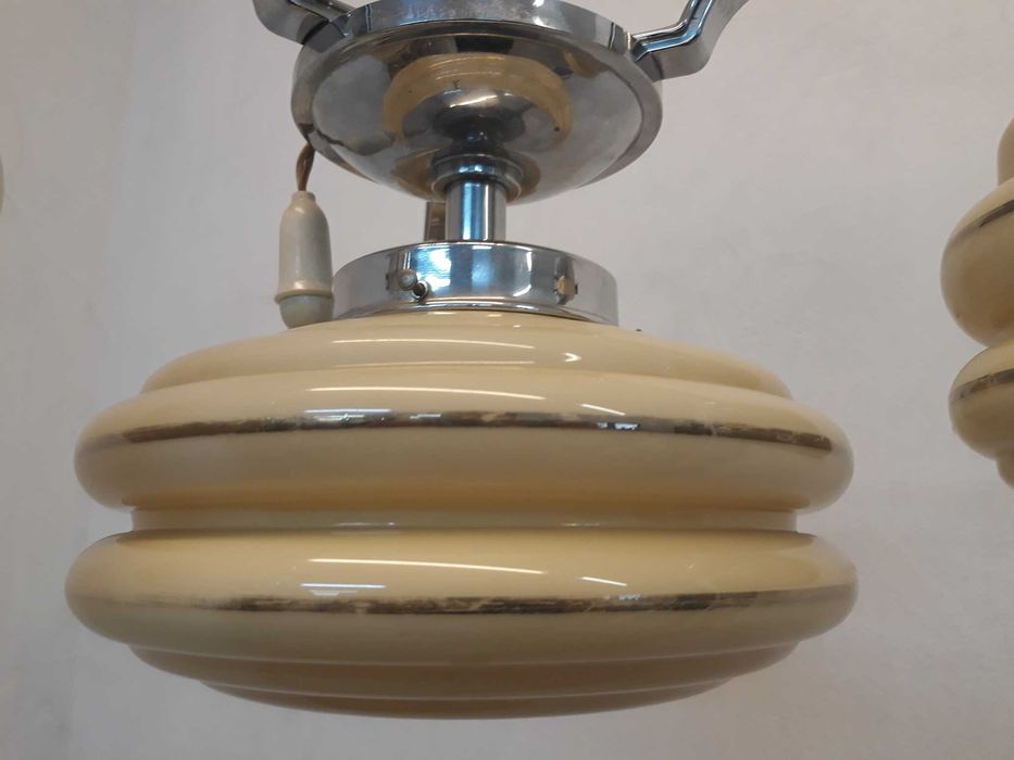 Żyrandol przedwojenny art deco 3 ramienny srebrny chrom uranowe szkło