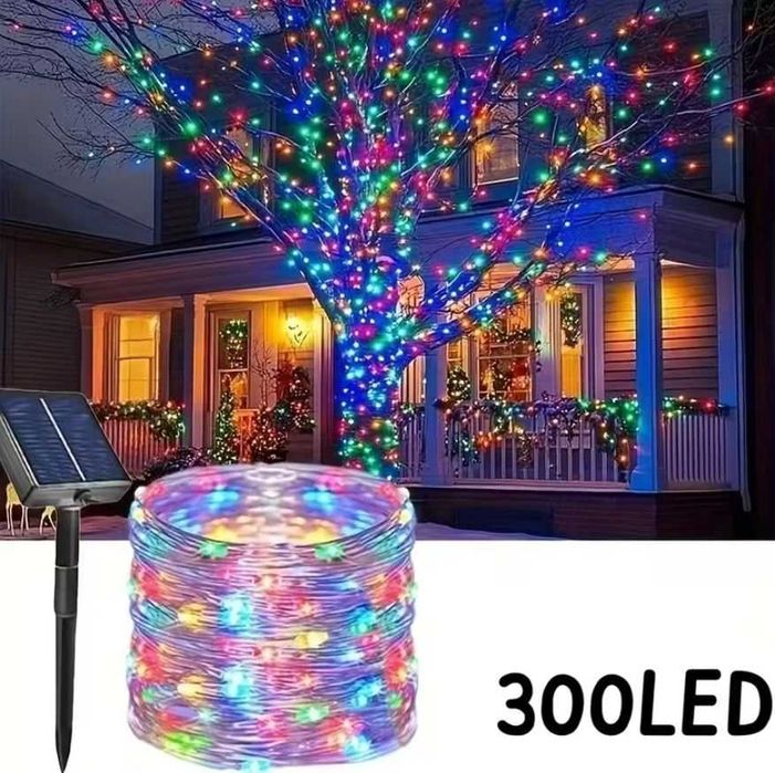 LAMPKI SOLARNE 300 LED 32M do ogrodu na zewnątrz KOLOROWE wbijane h225