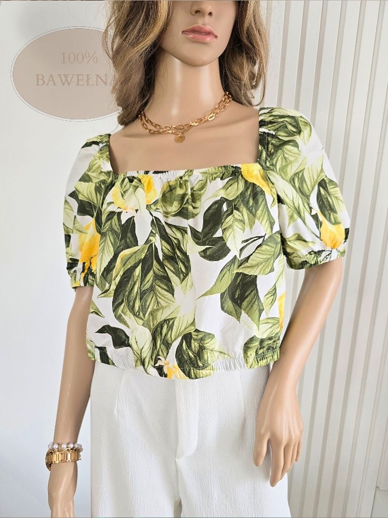 Bluzka kwiaty crop top 38 M bawełna H&M cytryny marszczona letnia