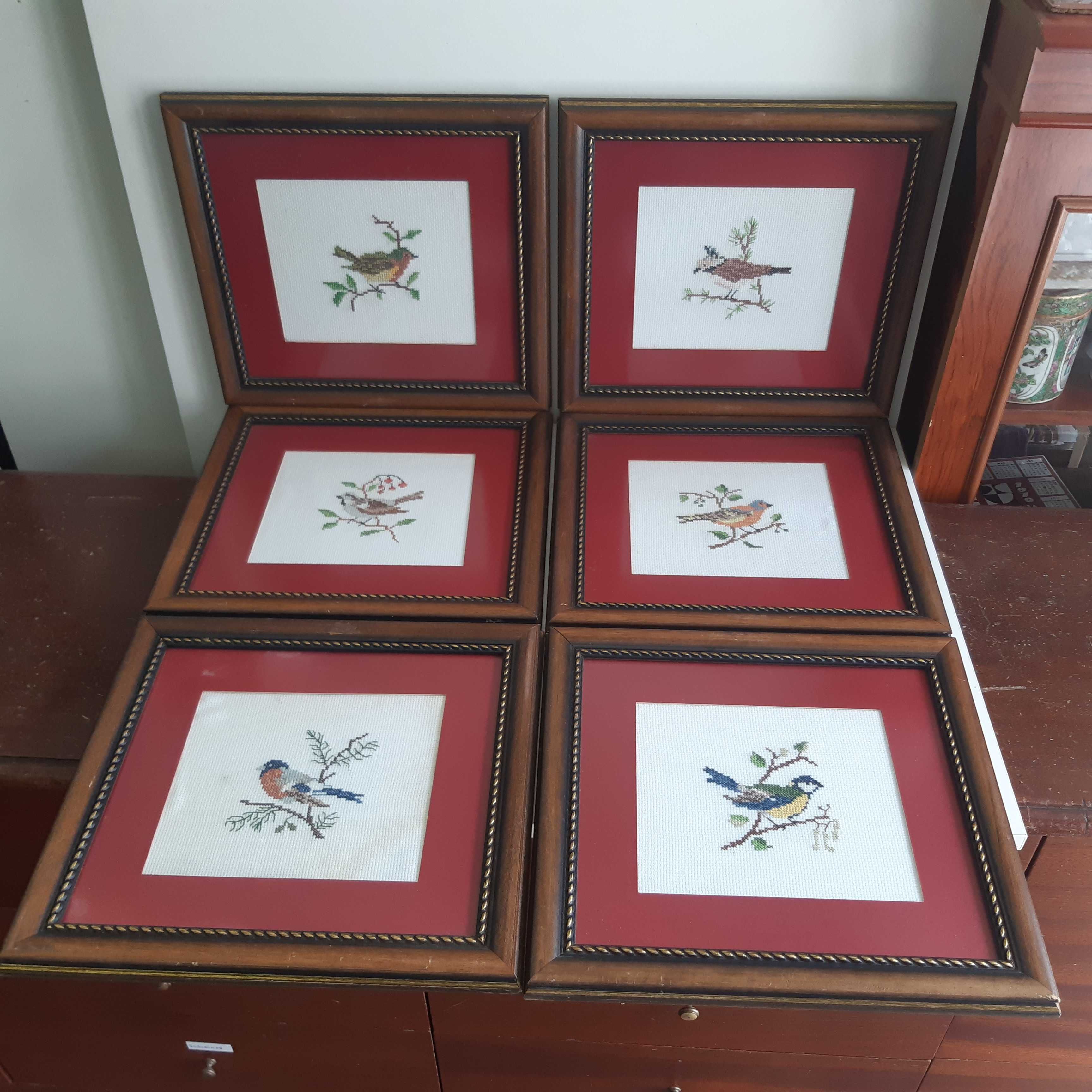Retro Vintage Antigo 6 Quadros Decor c/ Passarinhos em Ponto Cruz
