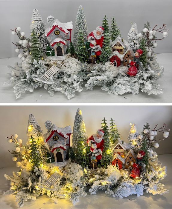 Stroik świąteczny zimowy z domkami Mikołajem i elfem LED