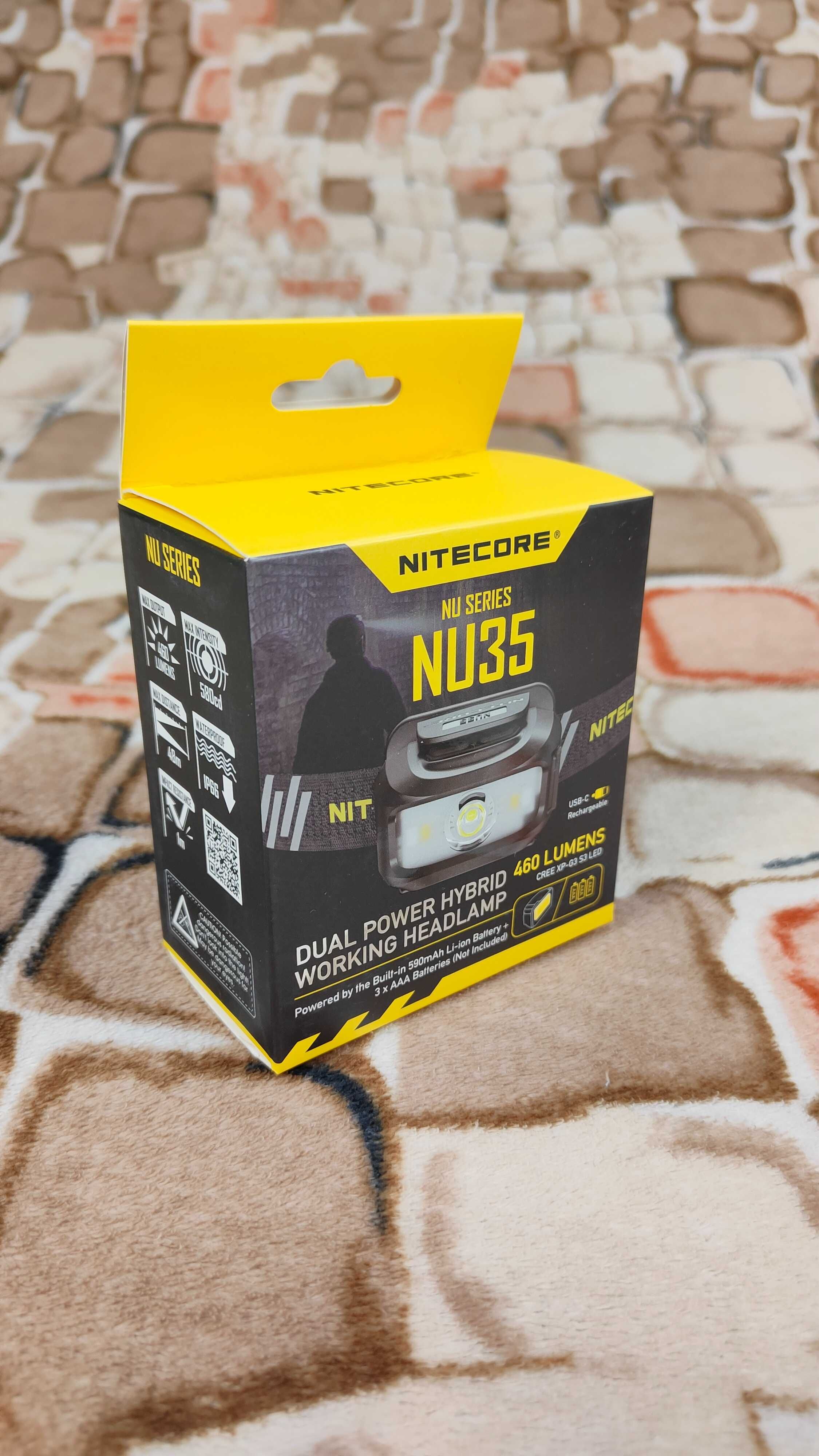 Новий налобний ліхтар фонарь Nitecore nu35 гібридне живлення АКБ