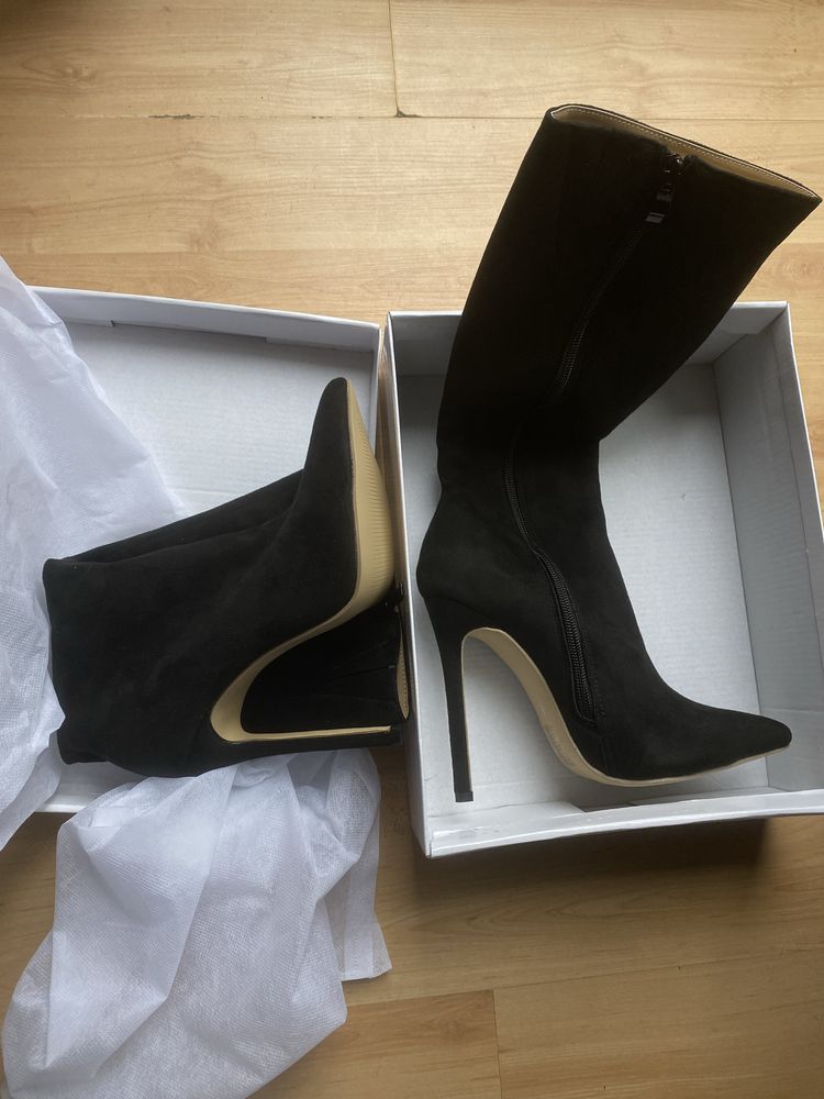 Shein zjawiskowe obcisłe czarne kozaczki 36 na szpilce 13 cm