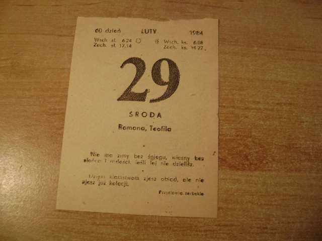 Starocie z PRL - Kartki z kalendarza z 1984r. = kolekcjonerskie