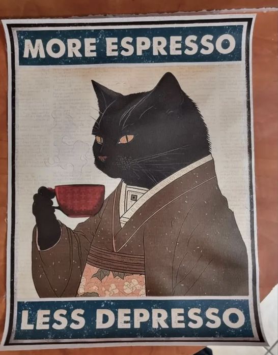 Plakat more espresso less depresso vintage z kotem
