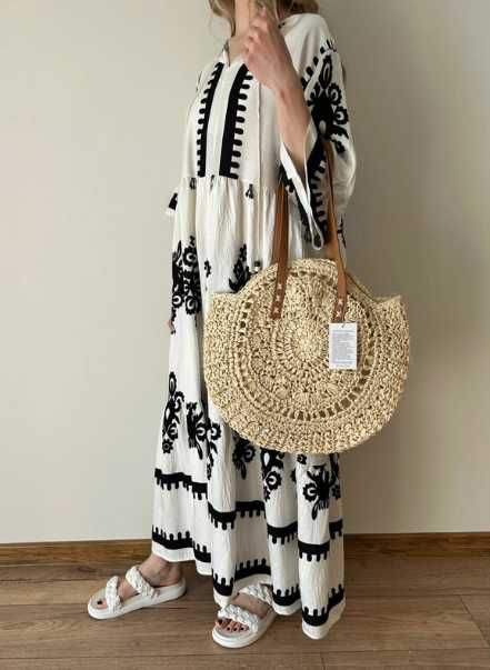Sukienka długa maxi czarna biała boho lniana bawełna oversize XL