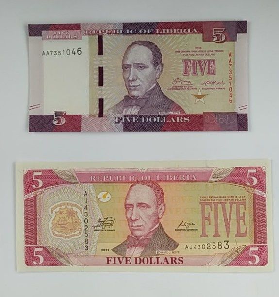 zestaw banknotów 5 dolarów , Liberia , 2011/2016 , 2 szt , stan UNC
