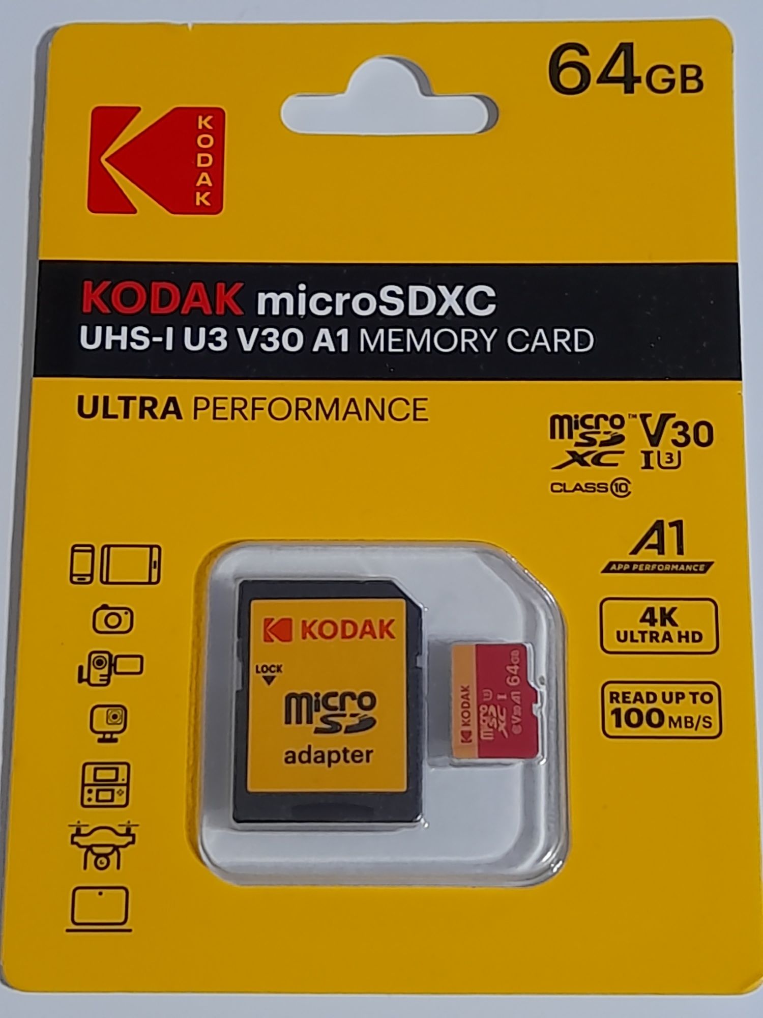 Карта памяти KODAK Micro SD/TF 64Гб  RED с адаптером 64ГБ  (U3/V30/A1)