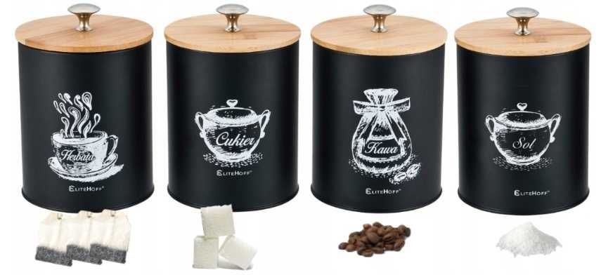POJEMNIKI kuchenne ZESTAW 4szt Kawa Herbata Cukier Sól