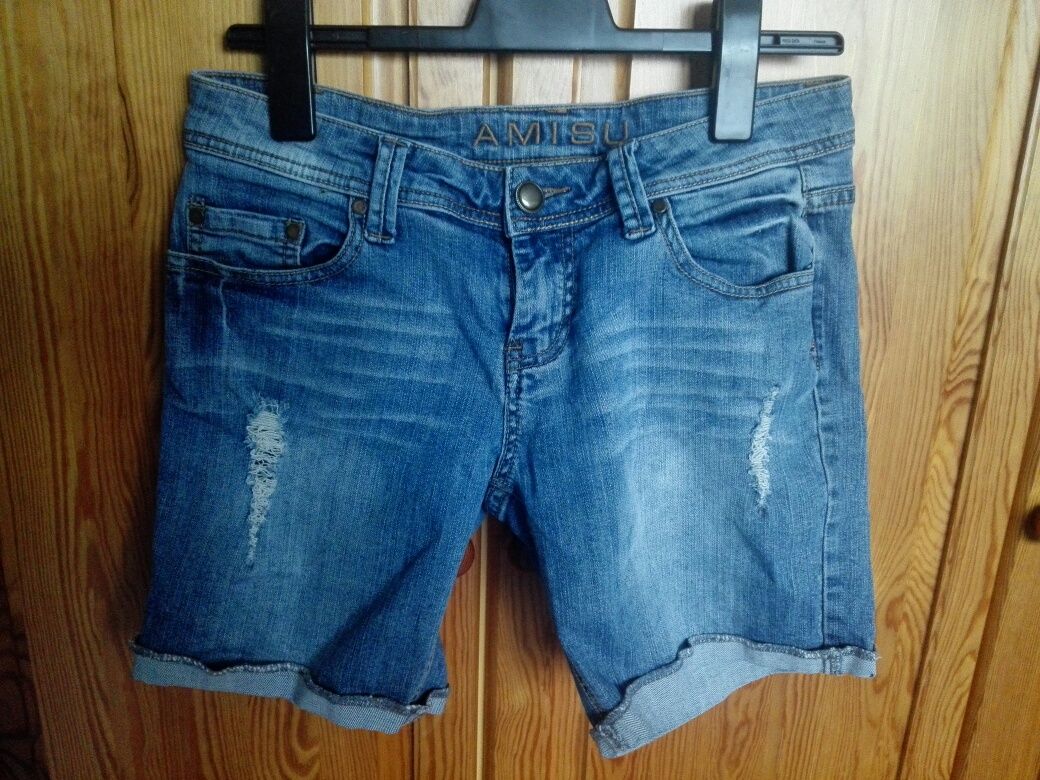 Krótkie jeansowe spodenki szorty s 36 amisu z przetarciami dziurami