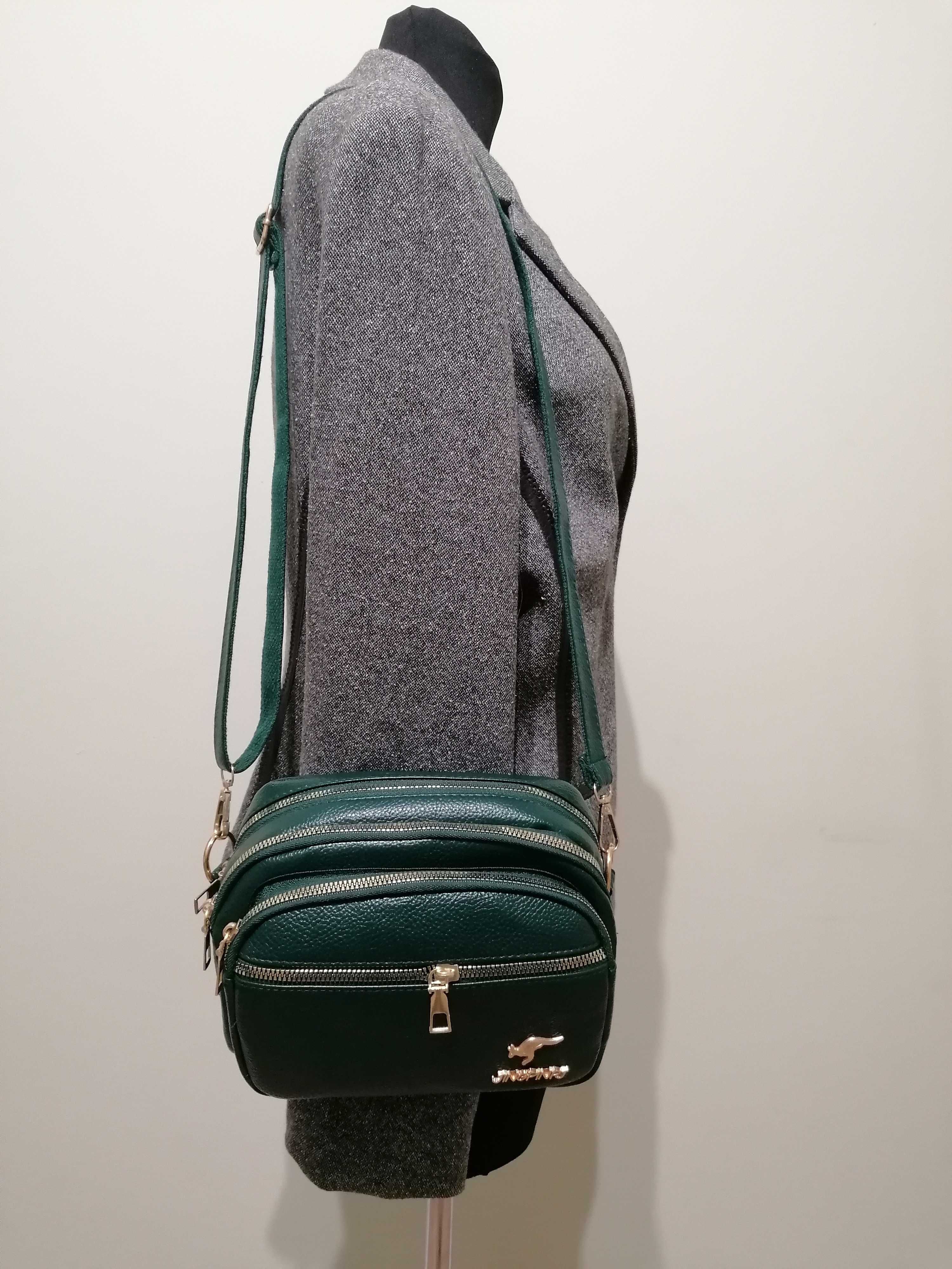 Torebka damska listonoszka crossbody butelkowa zieleń 4 komory Prezent
