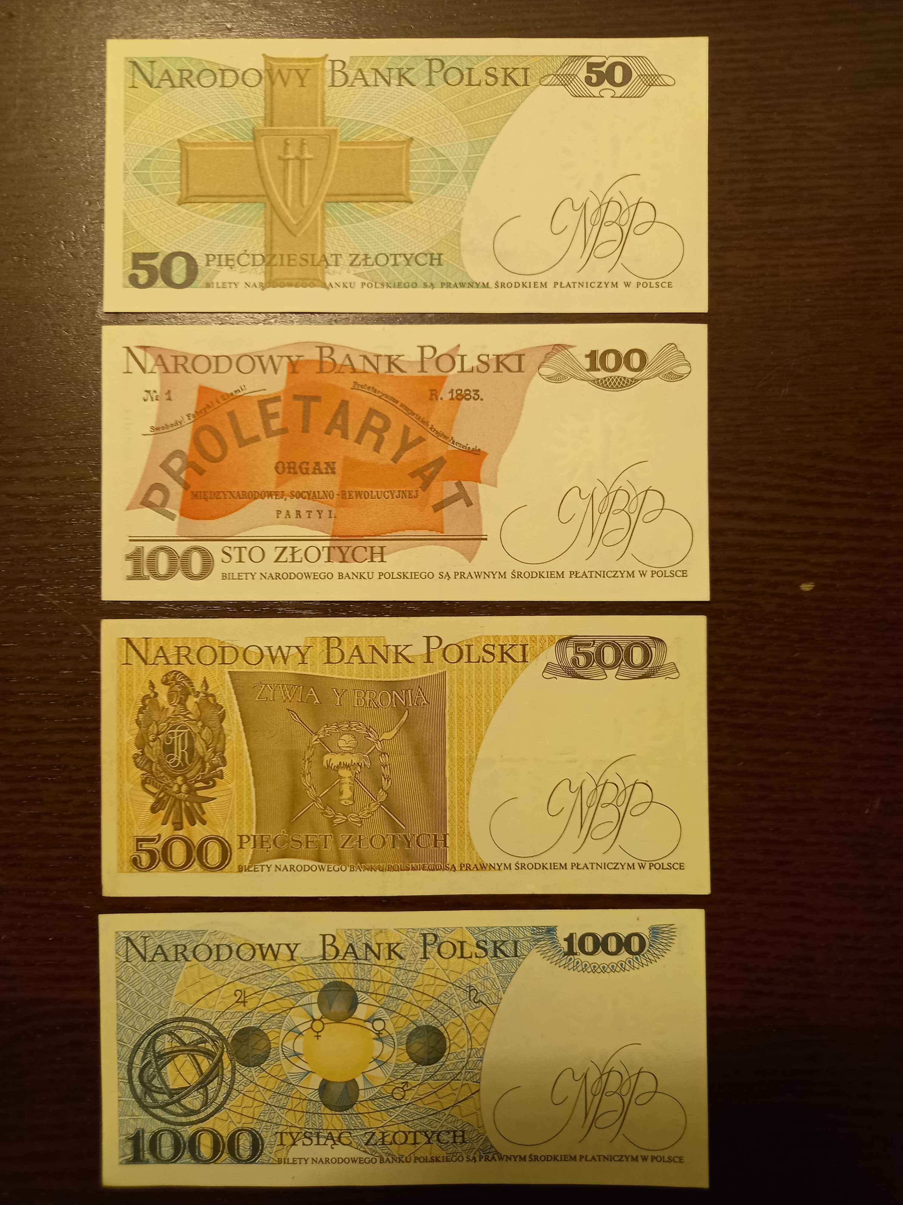 Banknoty UNC z PRL 50, 100, 500, 1000 zł