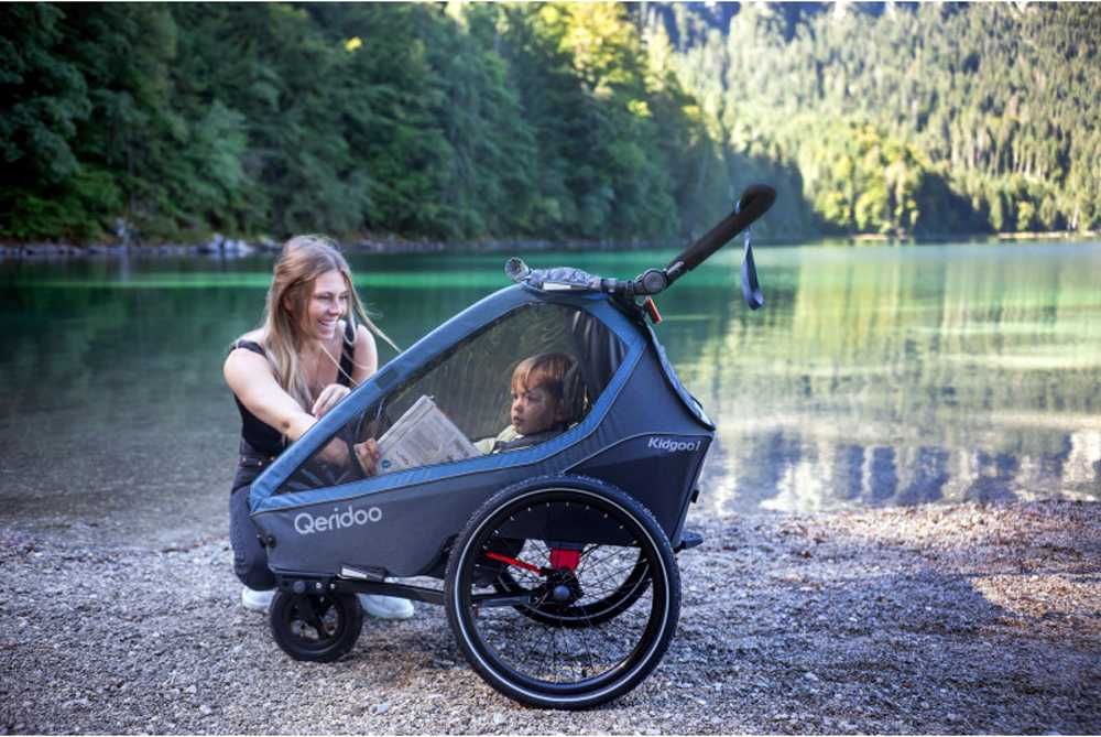Qeridoo KidGoo 2 Navy Blue przyczepka rowerowa wózek dla dwójki dzieci