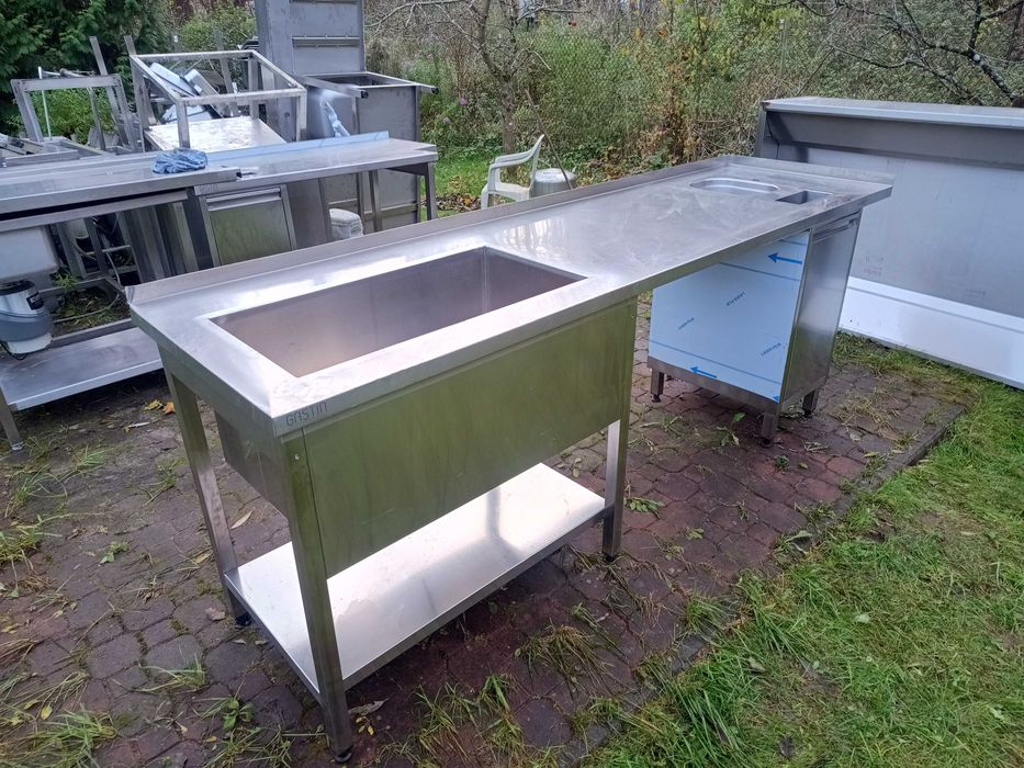 stół roboczy nierdzewny ze zlewami i koszem na odpadki 250cm