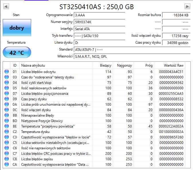 Dysk twardy HDD Seagate Barracuda 250,0 GB 100% sprawny