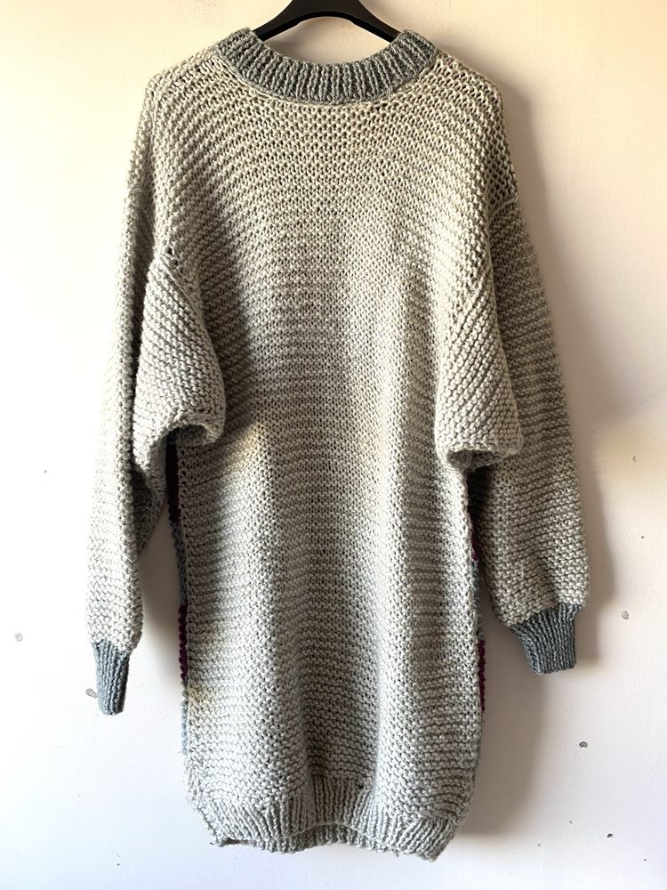 Długi gruby splot wełniany sweter sweterkowa sukienka pasy handmade