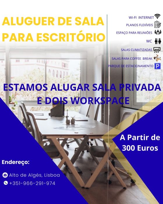 Aluguer de sala para escritorio a partir de 300 ja inclui internet
