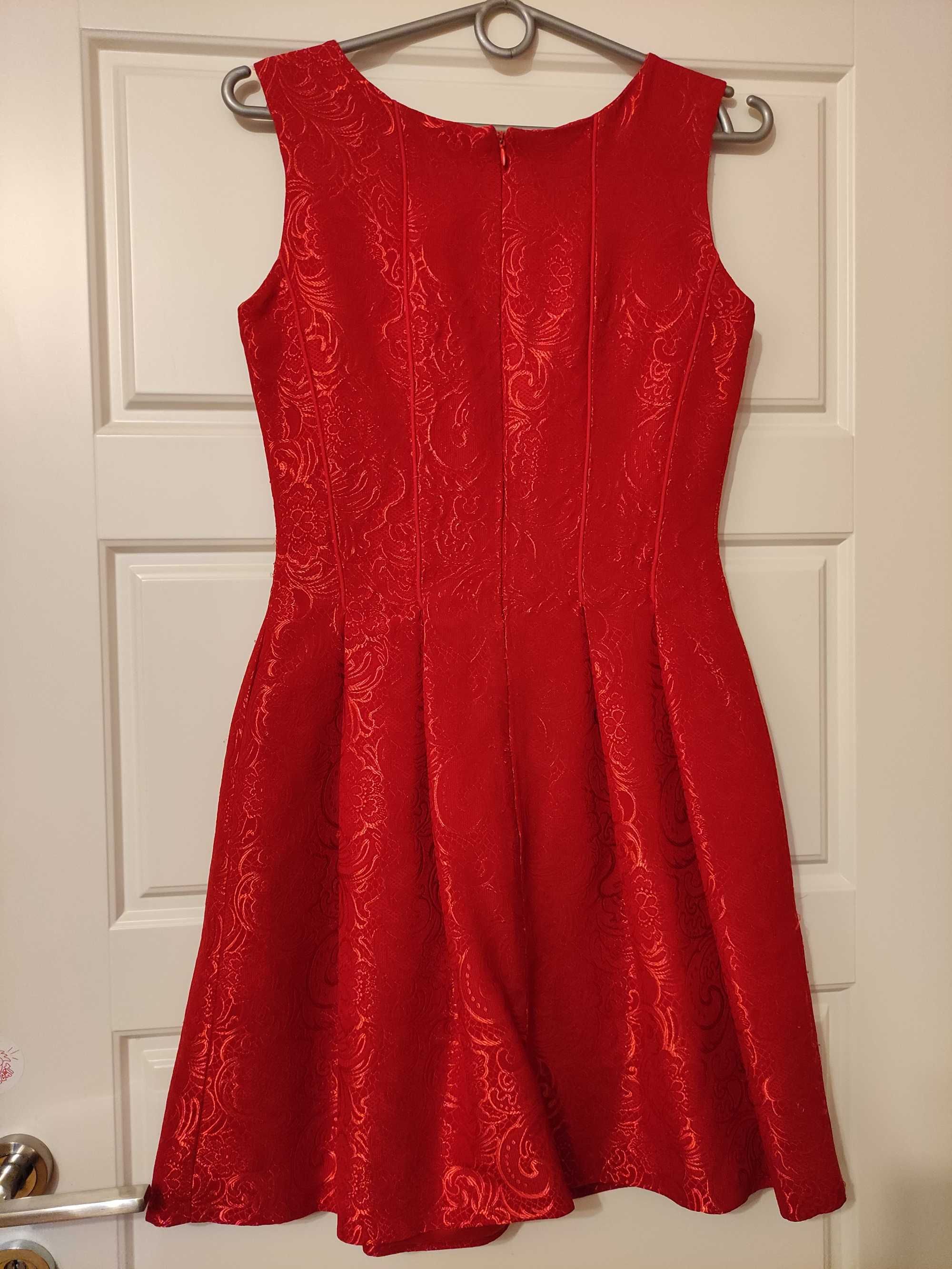 Czerwona, elegancka sukienka na imprezę, 36