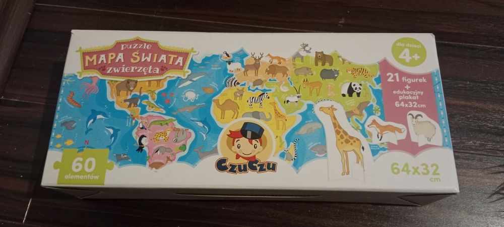 Mapa świata, puzzle układanka - zwierzęta. Wiek  4+