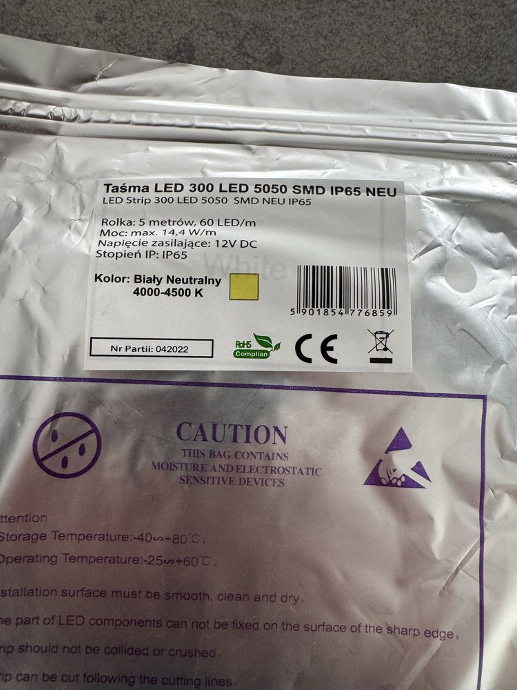 (3 szt.) Taśma LED 5050 SMD IP65 14,4W/m 60 LED/m 5m – neutralna biel