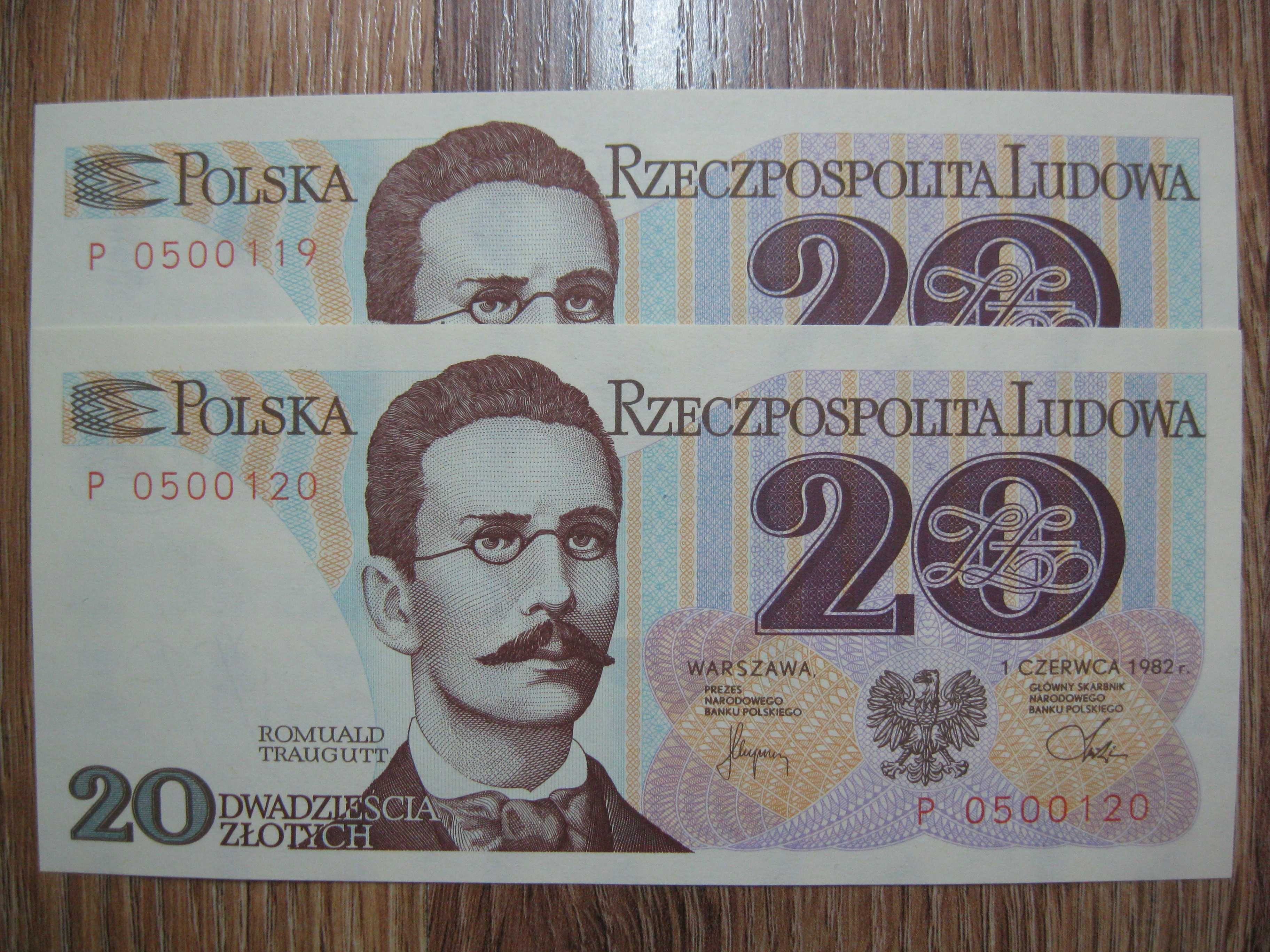 Zestaw banknotów PRL 2x 20 złotych 1982 rok seria P kolejne numery UNC