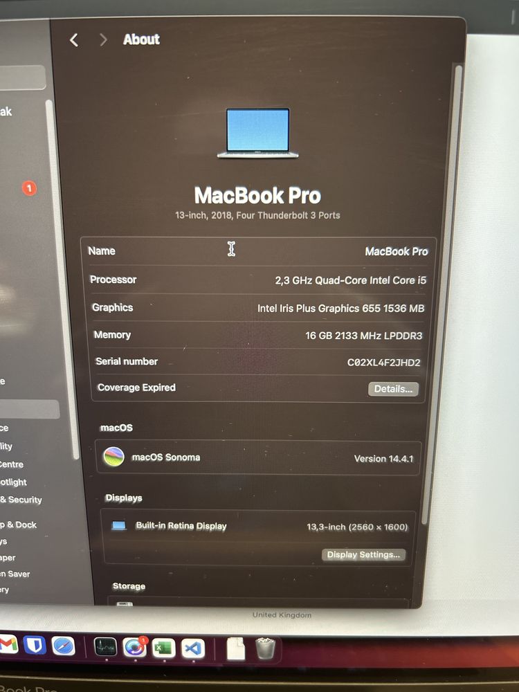 Macbook Pro A1989 i5 16GB 512GB SSD