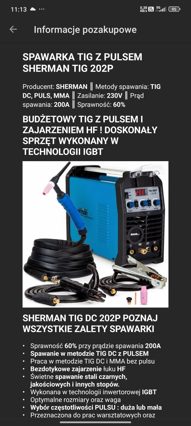 Spawarka Sherman TiG z plusem reduktor  z wężem gratis(GWARANCJA DO 20