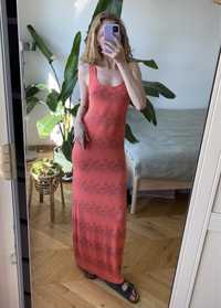 Maxi długa sukienka koralowa pomarańczowa czarny wzorek 36 S wiskoza